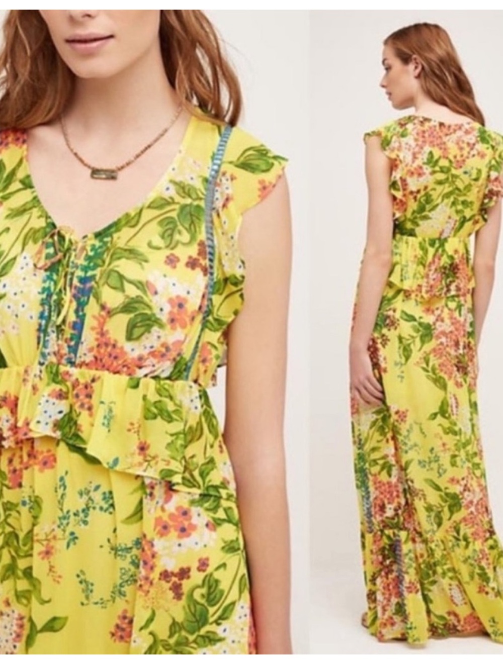 Anthropologie Floral Yellow Maxi Dress with Ruffle Details